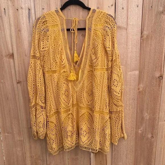 Jen's Pirate Booty Jasmine Crochet Mini Dress Small Yellow Orange Bell Sleeve - Picture 8 of 13